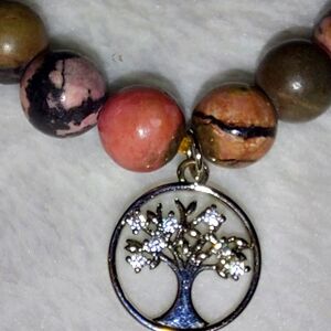 Tree of Life Pink and Brown Rhodenite Natural Stone Beaded Bracelet